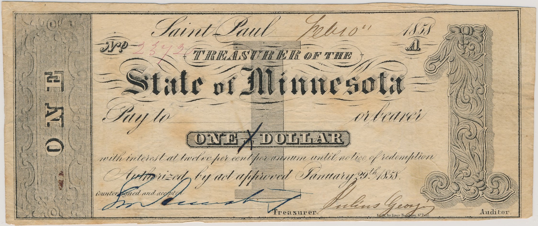 $1 Treasurer of the State of Minnesota (Handwritten Payee)