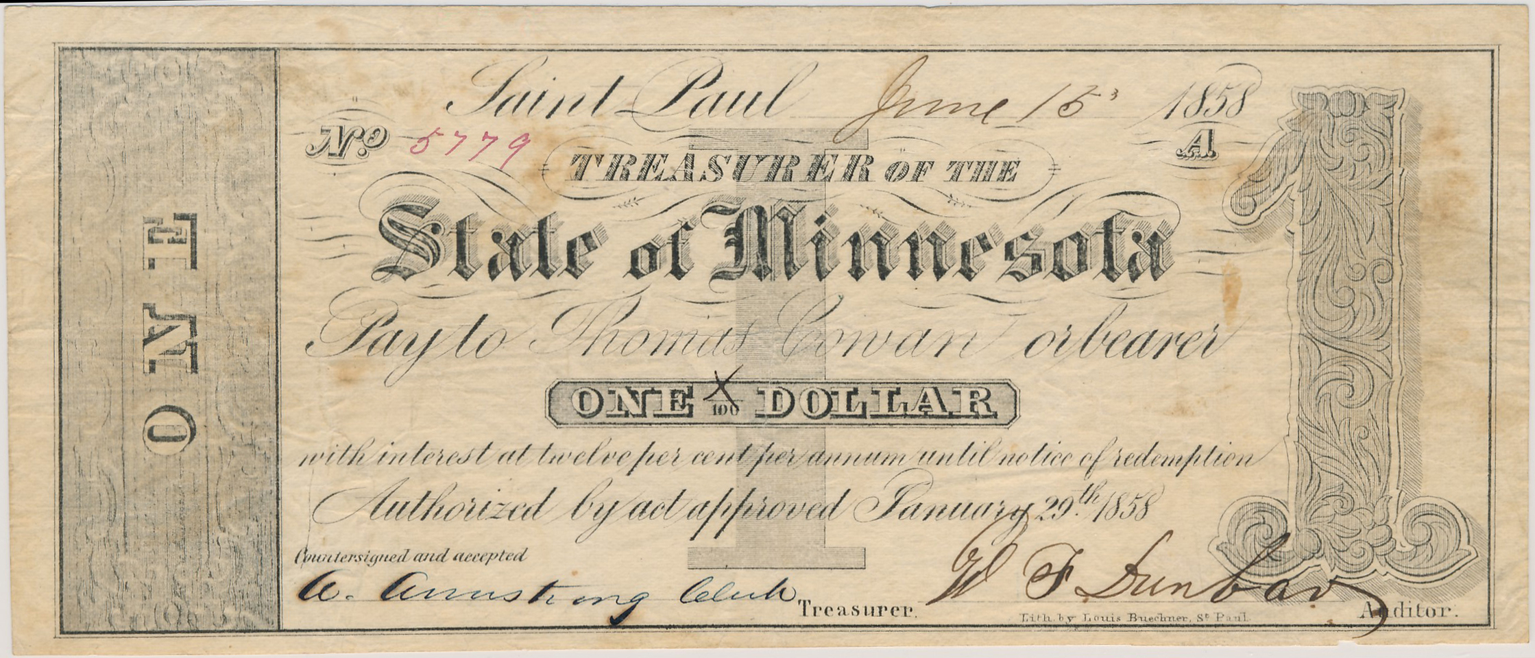 $1 Treasurer of the State of Minnesota (Payable to Thomas Cowan)