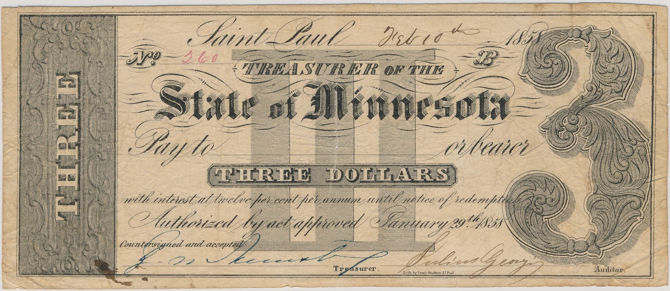 $3 Treasurer of the State of Minnesota (Handwritten Payee)