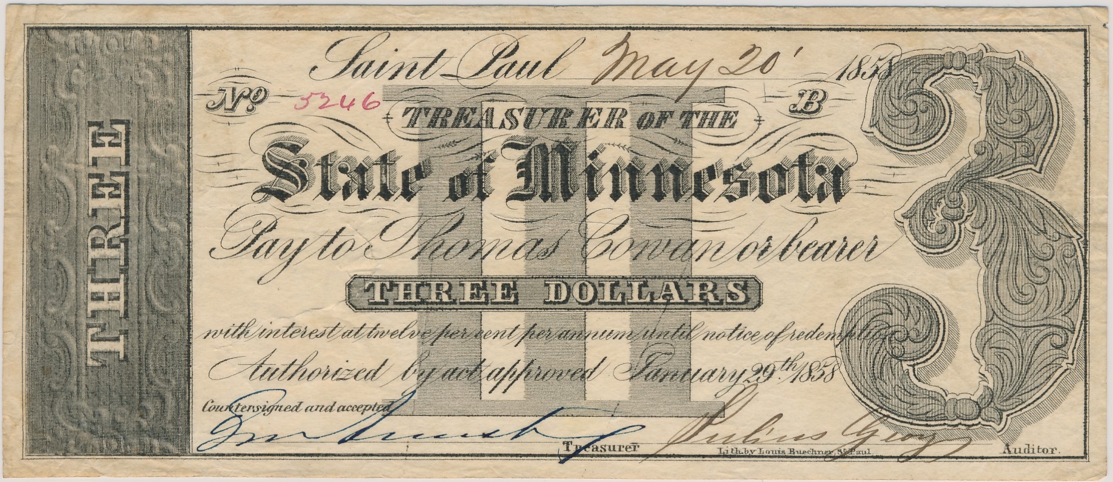 $3 Treasurer of the State of Minnesota (Payable to Thomas Cowan)