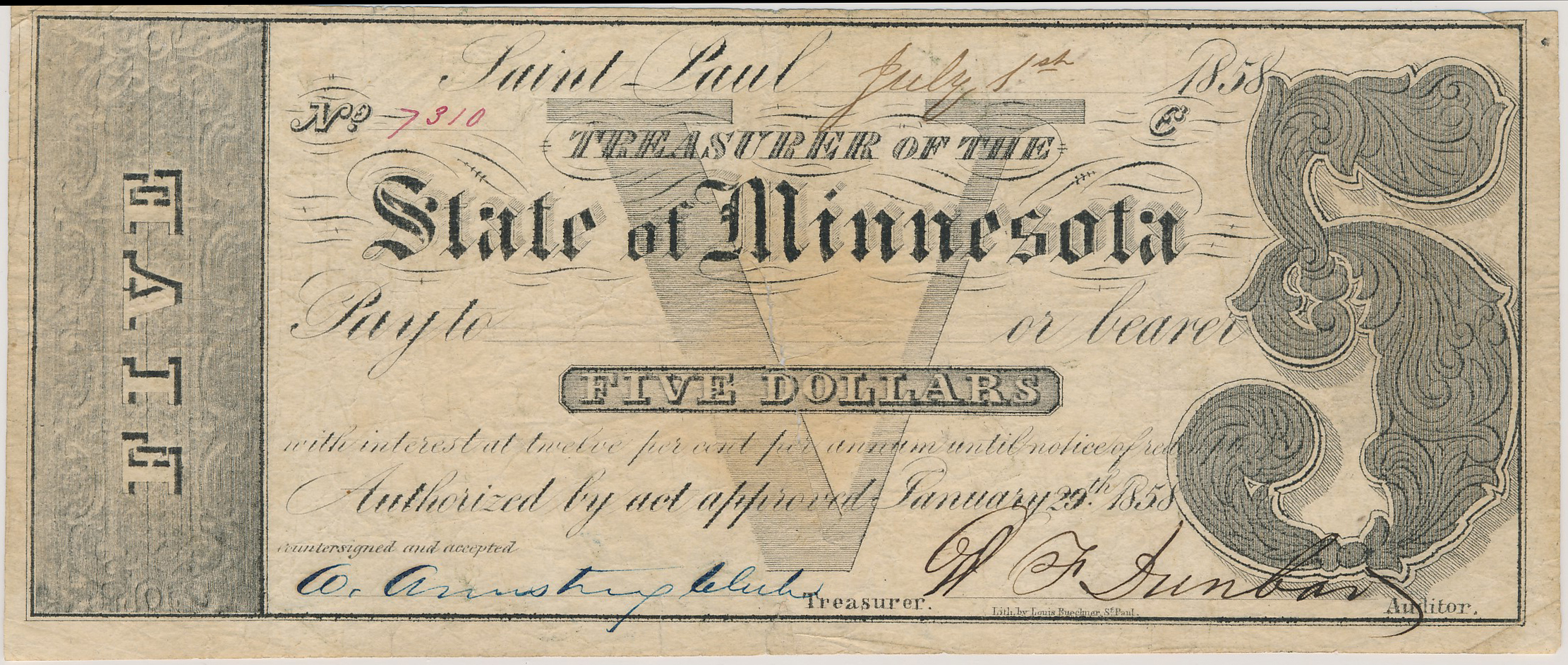 $5 Treasurer of the State of Minnesota (Second Plate)