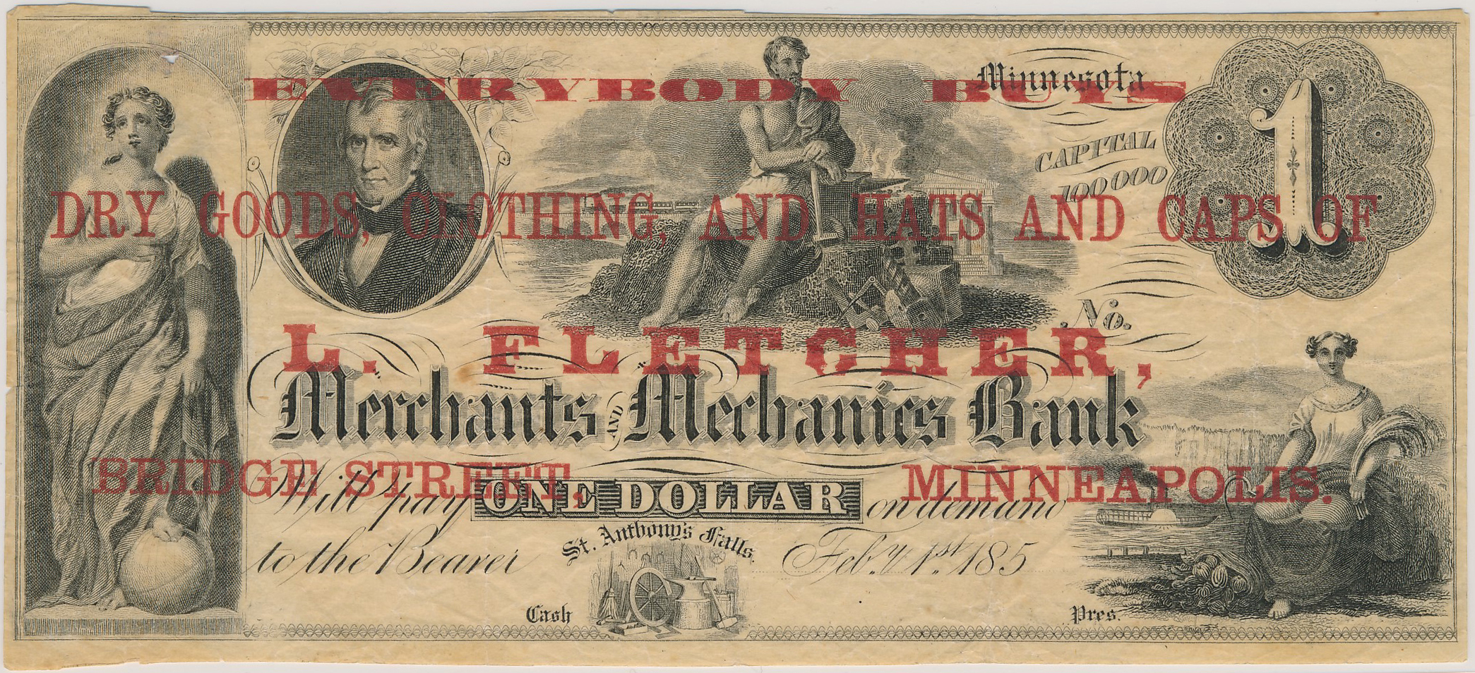 L. Fletcher overprint on $1 Merchants and Mechanics Bank