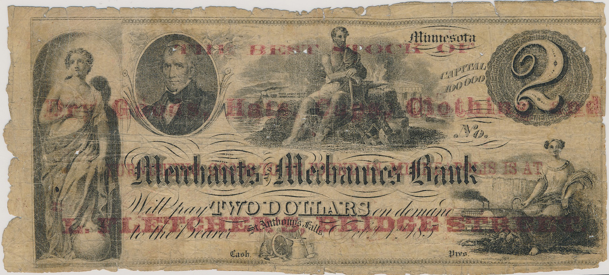 L. Fletcher overprint on $2 Merchants and Mechanics Bank