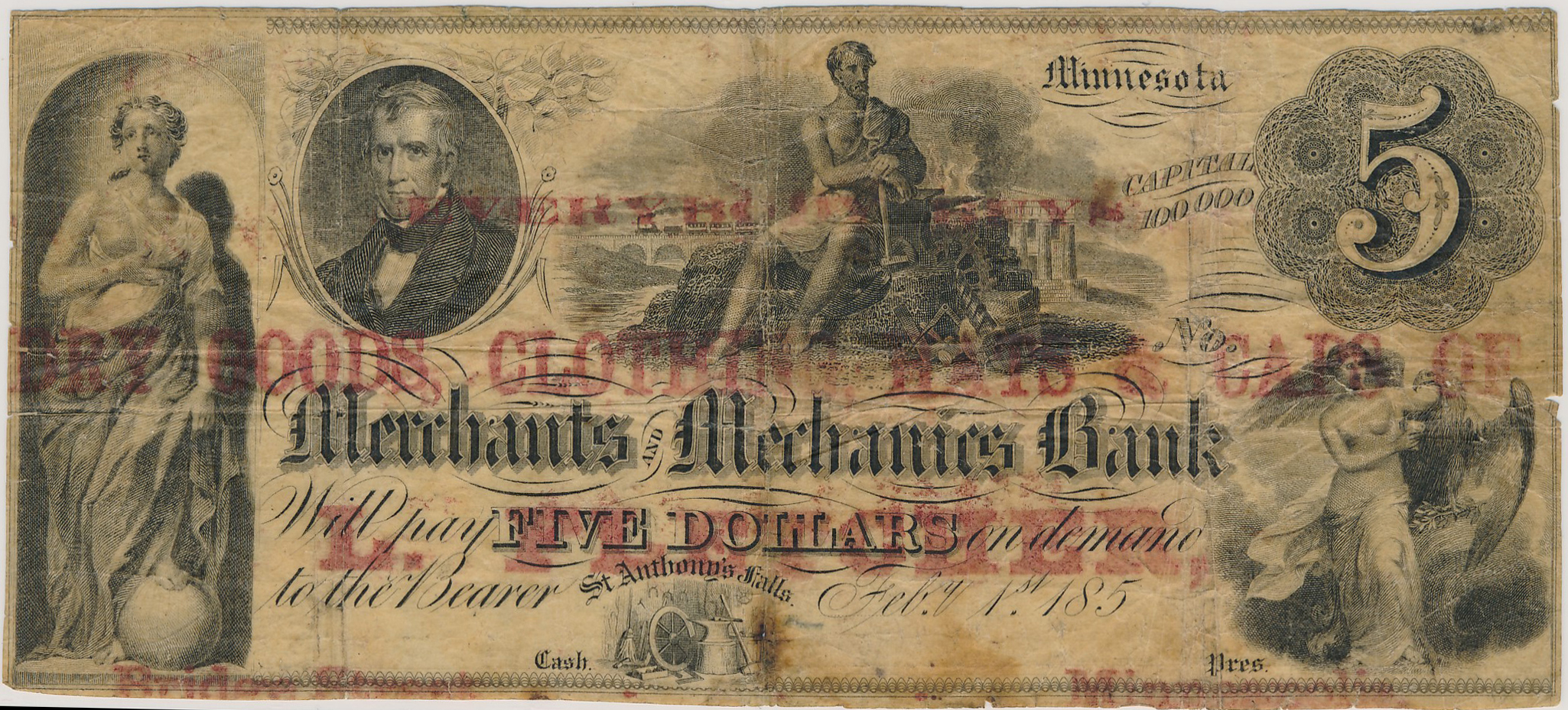 L. Fletcher overprint on $5 Merchants and Mechanics Bank